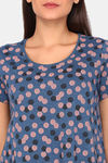 Rosaline Geo Blooms Knit Cotton Mid Length Nightdress - Blue Opal — thumbnail 5